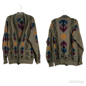 Vintage Boston Traders Hand knit Limited Ed Green Grandpa Cardigan Sweater Sz M